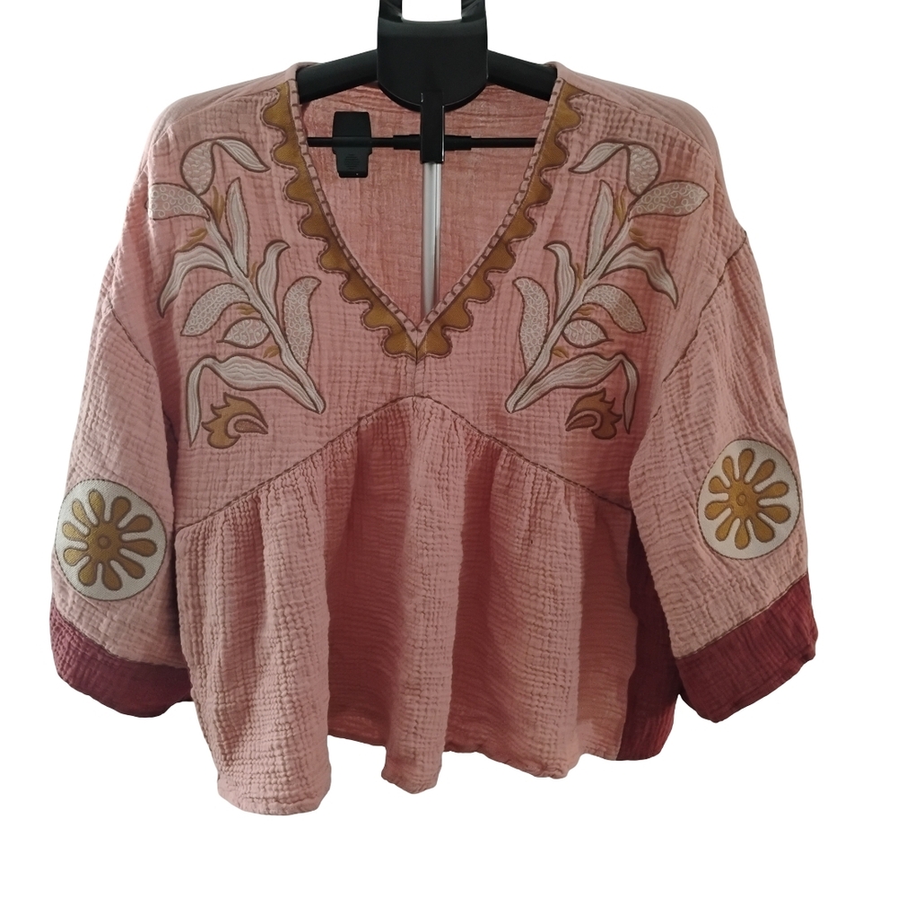 Easel Cotton Embroidered Pink Boho Top